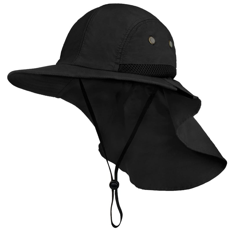 Suncube SUN CUBE Sun Hat for Men, Wide Brim Fishing Hat Neck Flap Cover Men Women, Hiking Safari, UV Sun Protection Summer Gardening Beach Camping UPF 50+, Black - Image 1